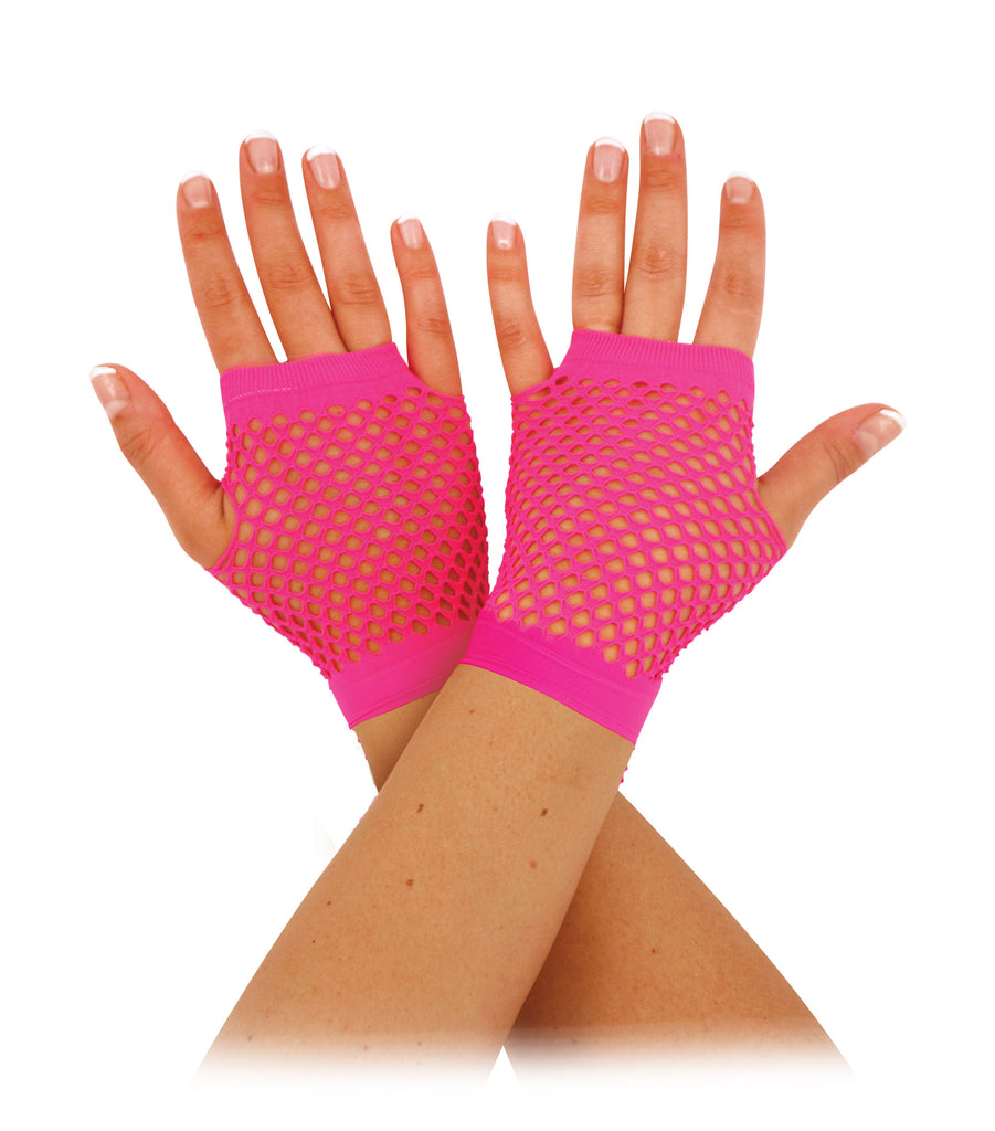 Short Neon Pink Fishnet Gloves