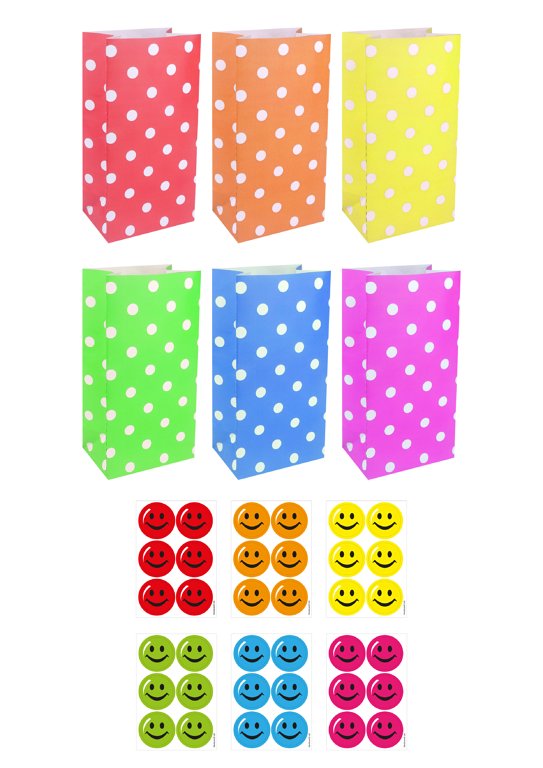 12 Polka Dot Paper Bags & Smile Stickers