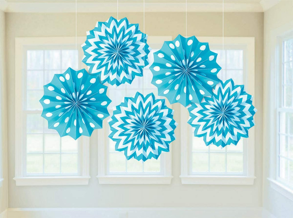 5 Baby Blue Hanging Paper Fan Decorations