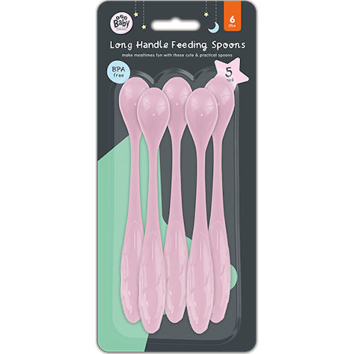5 Pink Long Handle Baby Feeding Spoons