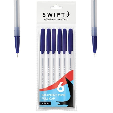 6 Blue Pull Cap Ballpoint Pens