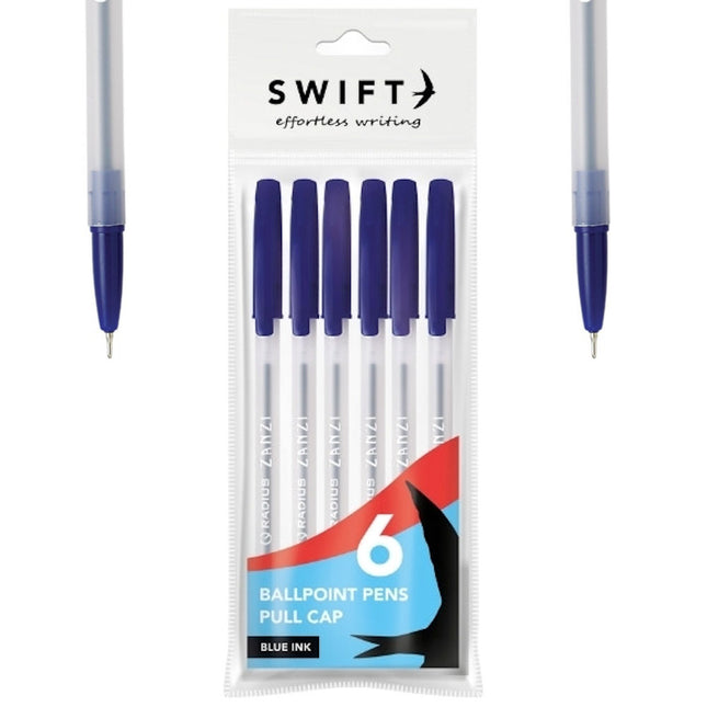 6 Blue Pull Cap Ballpoint Pens