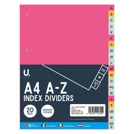 20 Coloured A4 A-Z Index Dividers