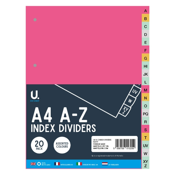 20 Coloured A4 A-Z Index Dividers
