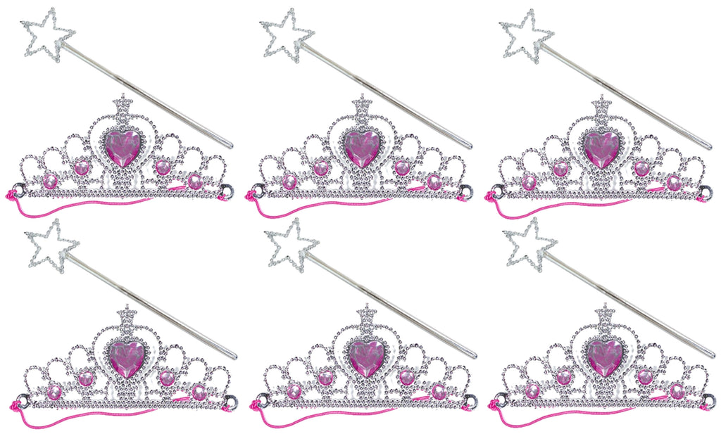 6 Silver Princess Tiara & Wand Sets