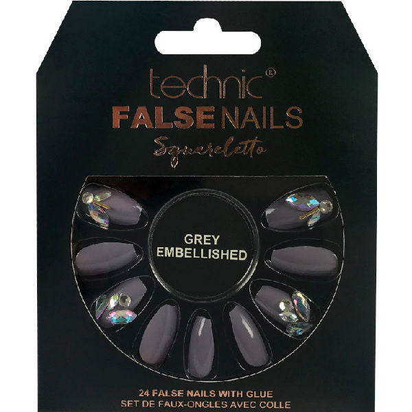 Squareletto Grey Embellished False Nails