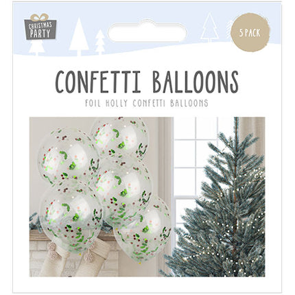 5 Christmas Foil Holly Confetti Balloons