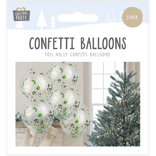 5 Christmas Foil Holly Confetti Balloons