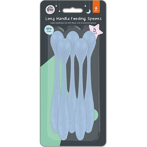 5 Blue Long Handle Baby Feeding Spoons