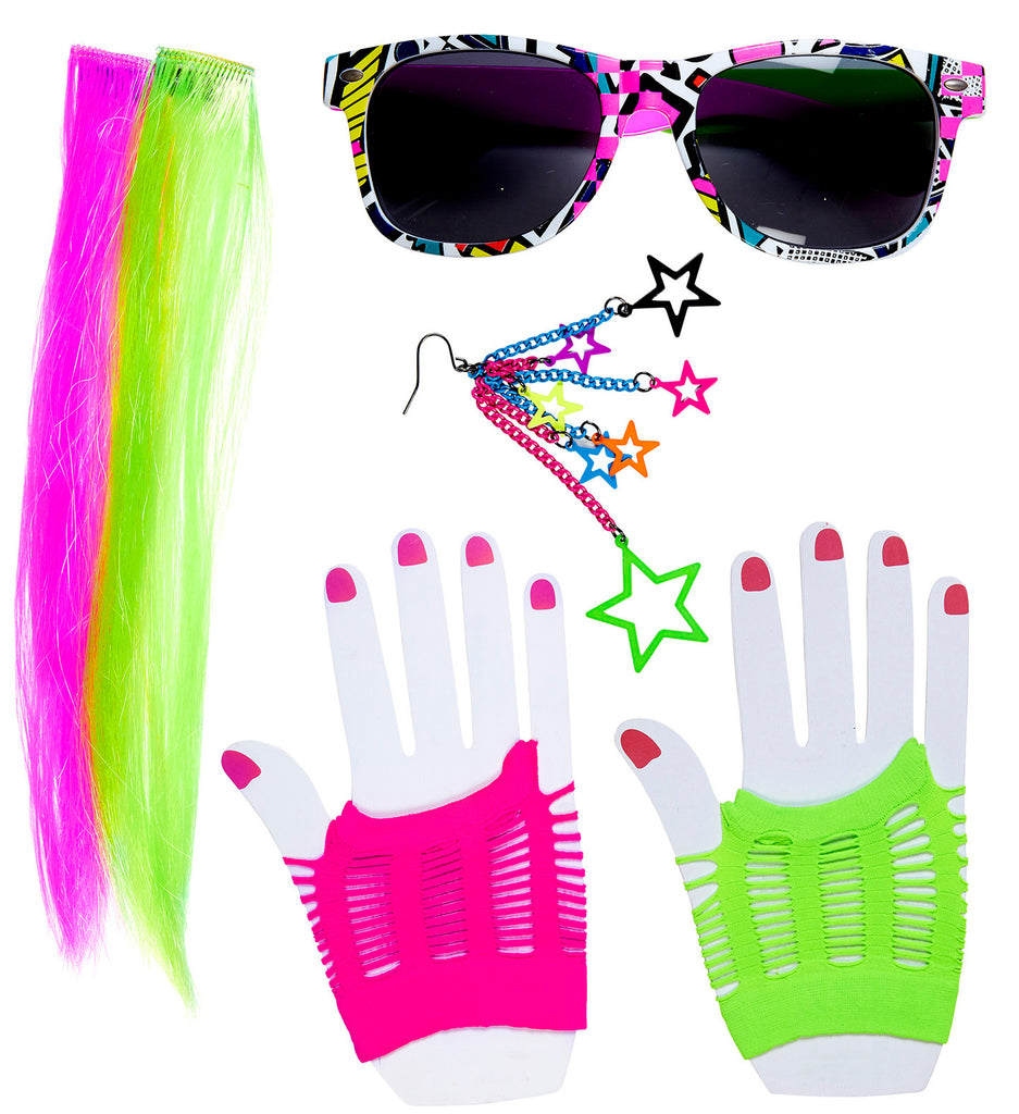 80's Girl Set (2 Neon Hair Extensions, Earring, Gloves & Glasses)