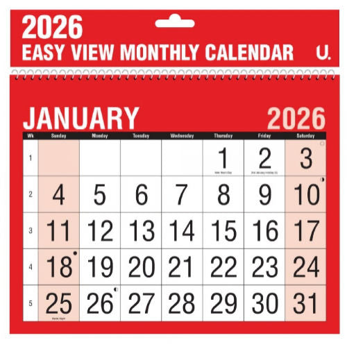 2026 Red & Black Easy View Monthly Planner