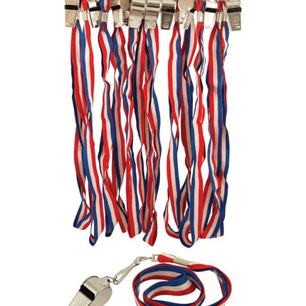 6 Red, White & Blue Metal Whistles