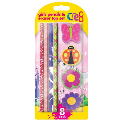 8 Piece Girl Pencil & Erasers Set