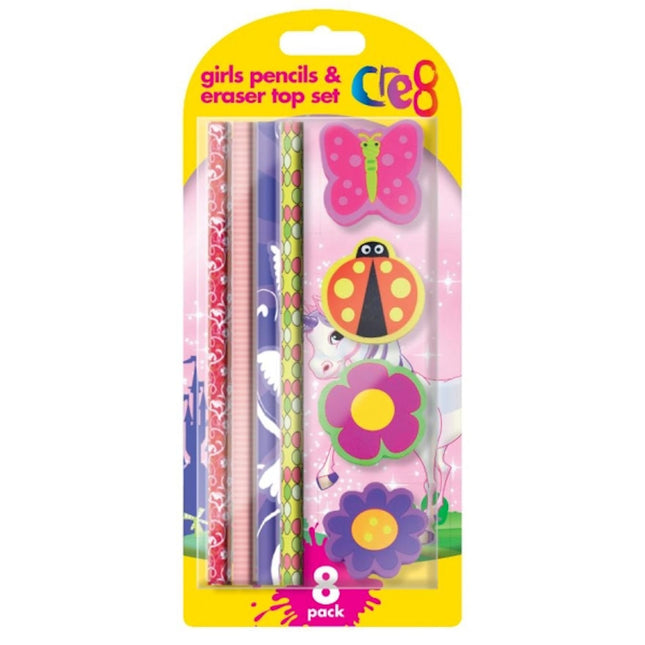 8 Piece Girl Pencil & Erasers Set