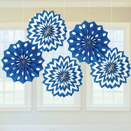 5 Royal Blue Hanging Paper Fan Decorations