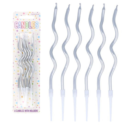 6 Silver 12cm Tall Wavy Party Candles & Holders