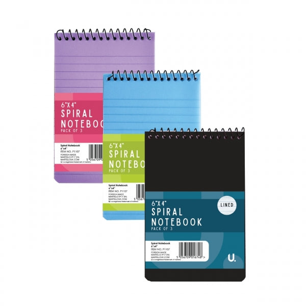 3 Spiral 6" x 4" Colour Notebook