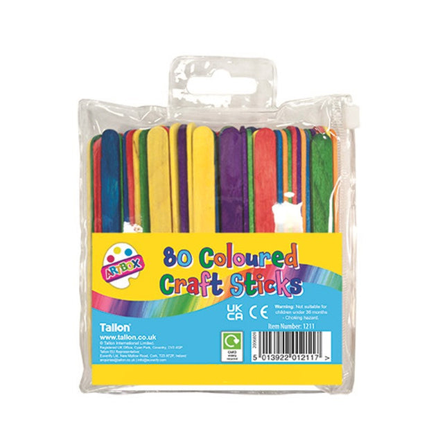 80 Coloured Wooden Craft Sticks (Pack)