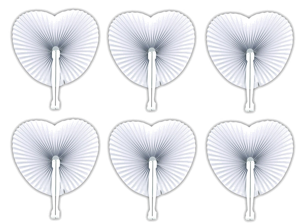 6 White Paper Heart Folding Fans