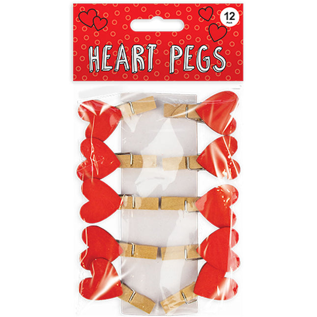 12 Valentine's Wooden Heart Pegs