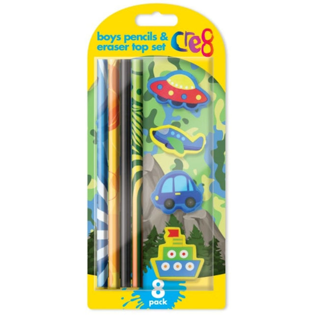 8 Piece Boys Pencil & Eraser Set