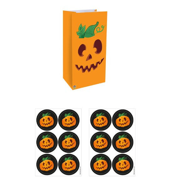 12 Halloween Pumpkin Paper Bags & Stickers