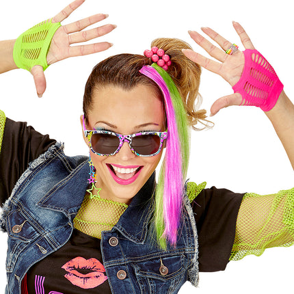 80's Girl Set (2 Neon Hair Extensions, Earring, Gloves & Glasses)
