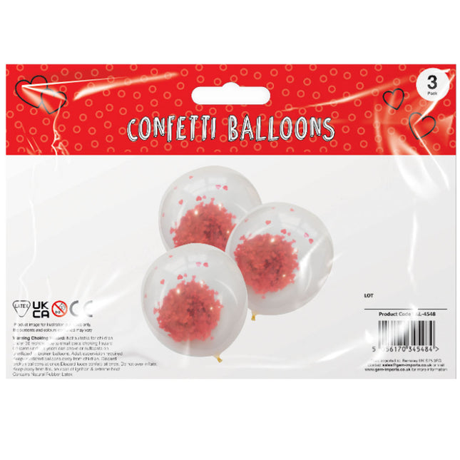 3 Red Heart Confetti Balloons