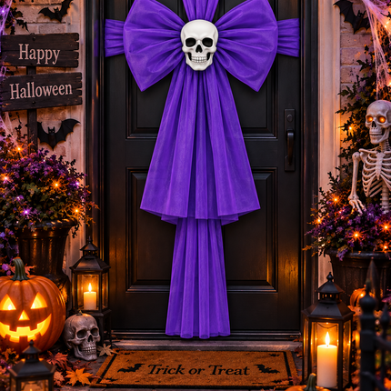 Purple Skeleton Halloween Door Bow