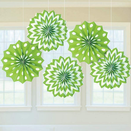 5 Lime Green Hanging Paper Fan Decorations