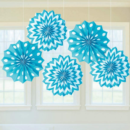 5 Baby Blue Hanging Paper Fan Decorations