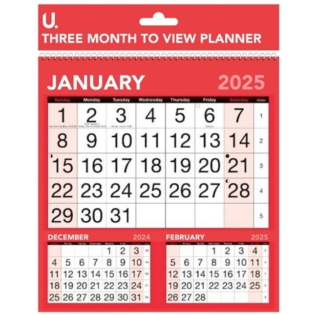 2025-2026 Red & Black Three Month To View Planner