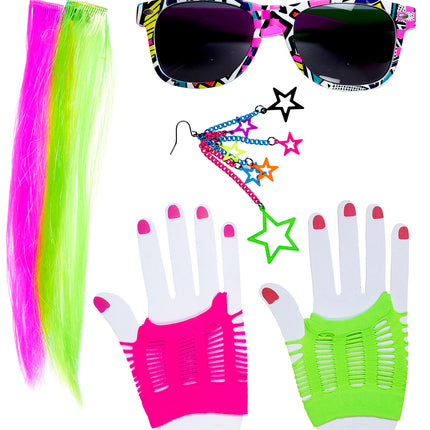 80's Girl Set (2 Neon Hair Extensions, Earring, Gloves & Glasses)