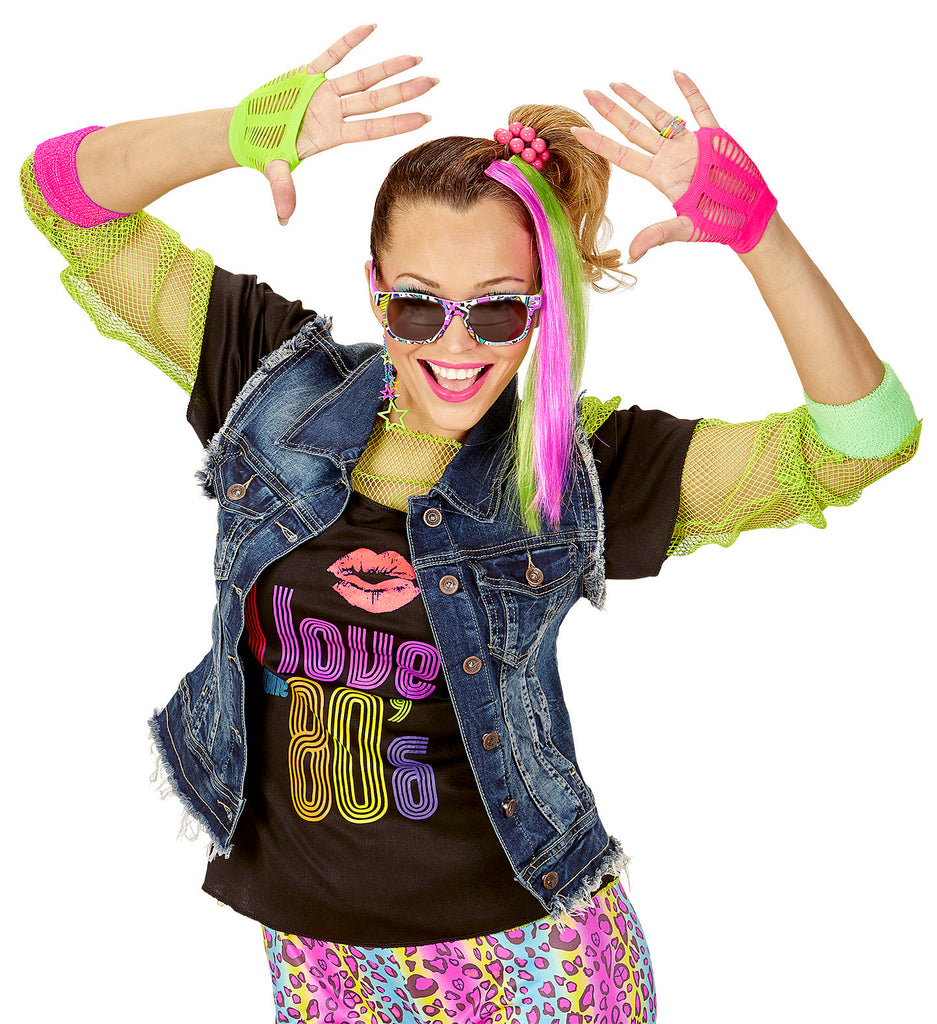 80's Girl Set (2 Neon Hair Extensions, Earring, Gloves & Glasses)