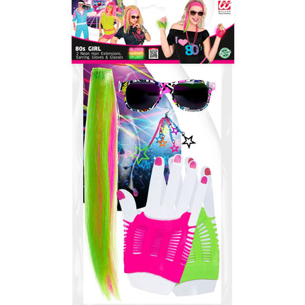 80's Girl Set (2 Neon Hair Extensions, Earring, Gloves & Glasses)