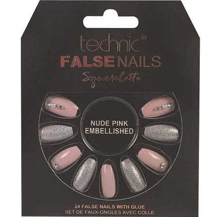 Squareletto Nude Pink Embellished False Nails