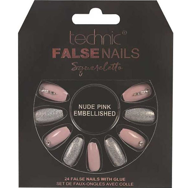 Squareletto Nude Pink Embellished False Nails