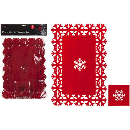 8 Red Felt Christmas Snowflake Place Mats
