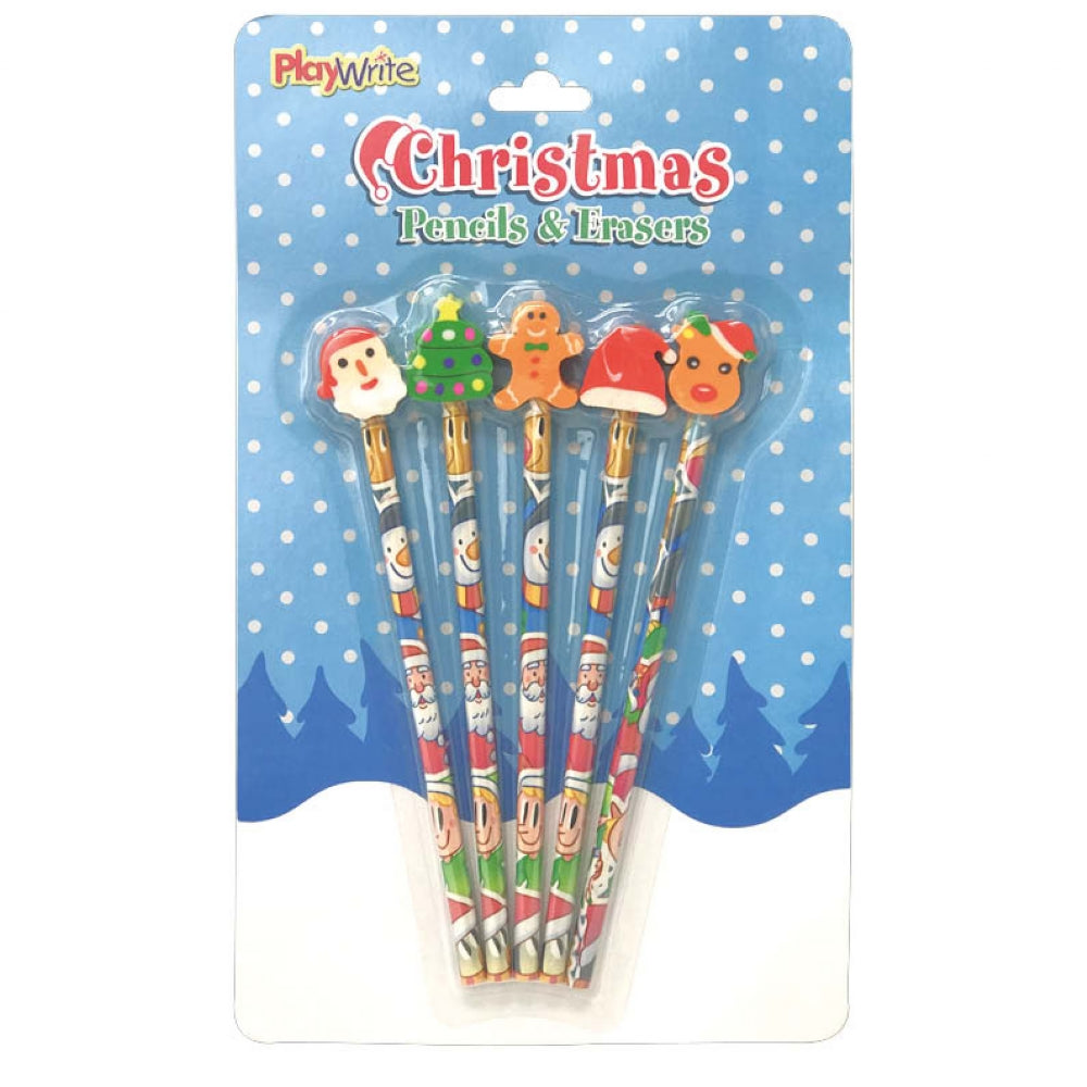 5 Christmas Pencils & Erasers