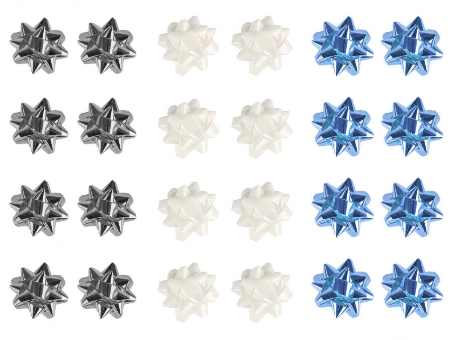 25 Small Ice Blue, White & Silver Foil Bows