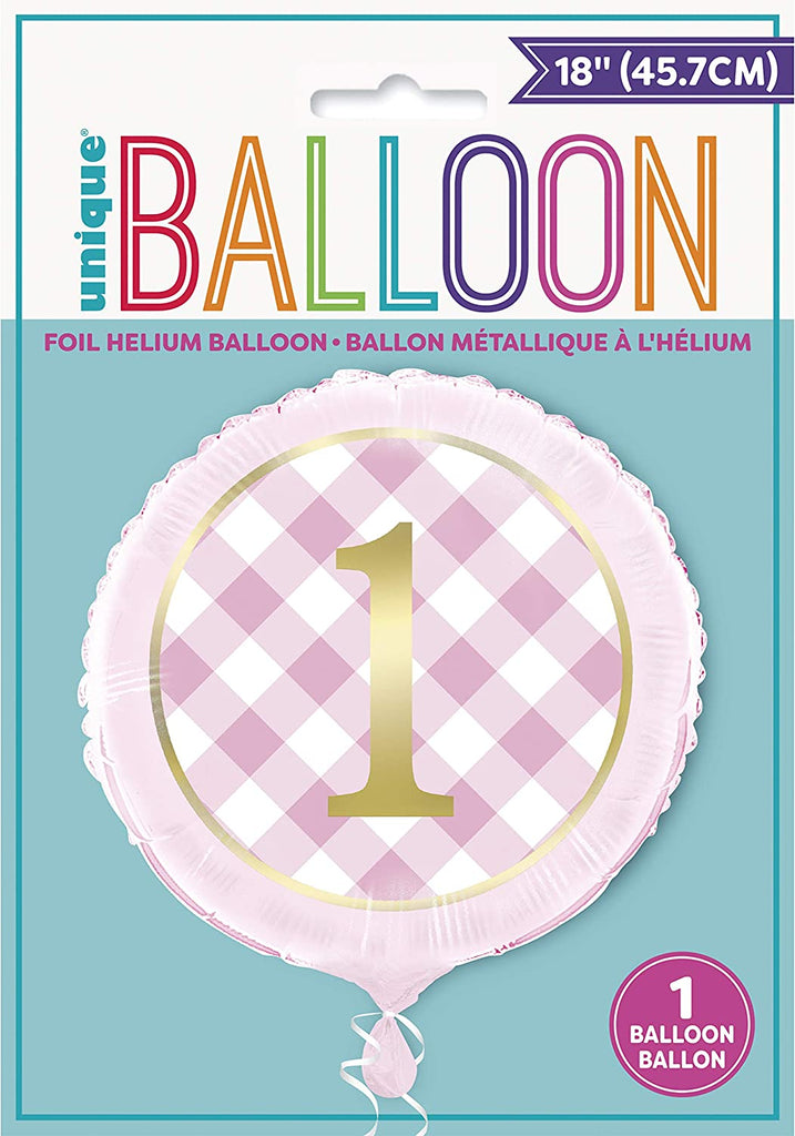 Pink Gingham 1st Birthday 18" Round Foil Balloon