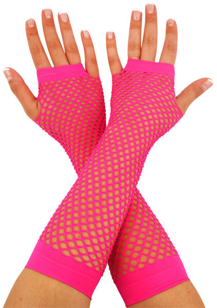Long Neon Pink Fishnet Gloves