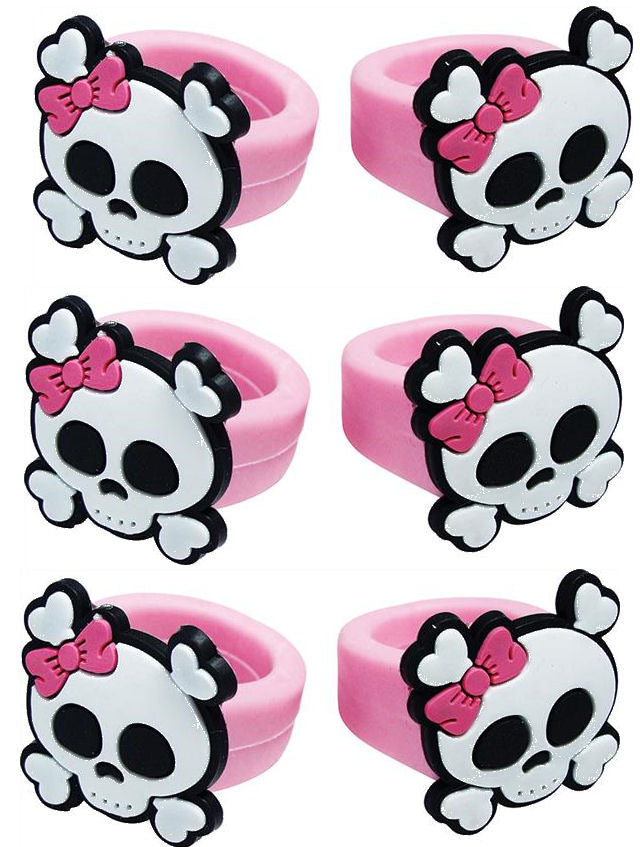 6 Pink Pirate Rubber Skull Rings
