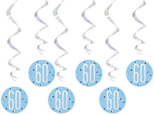 6 Blue 60th Birthday Glitz Hanging Swirls