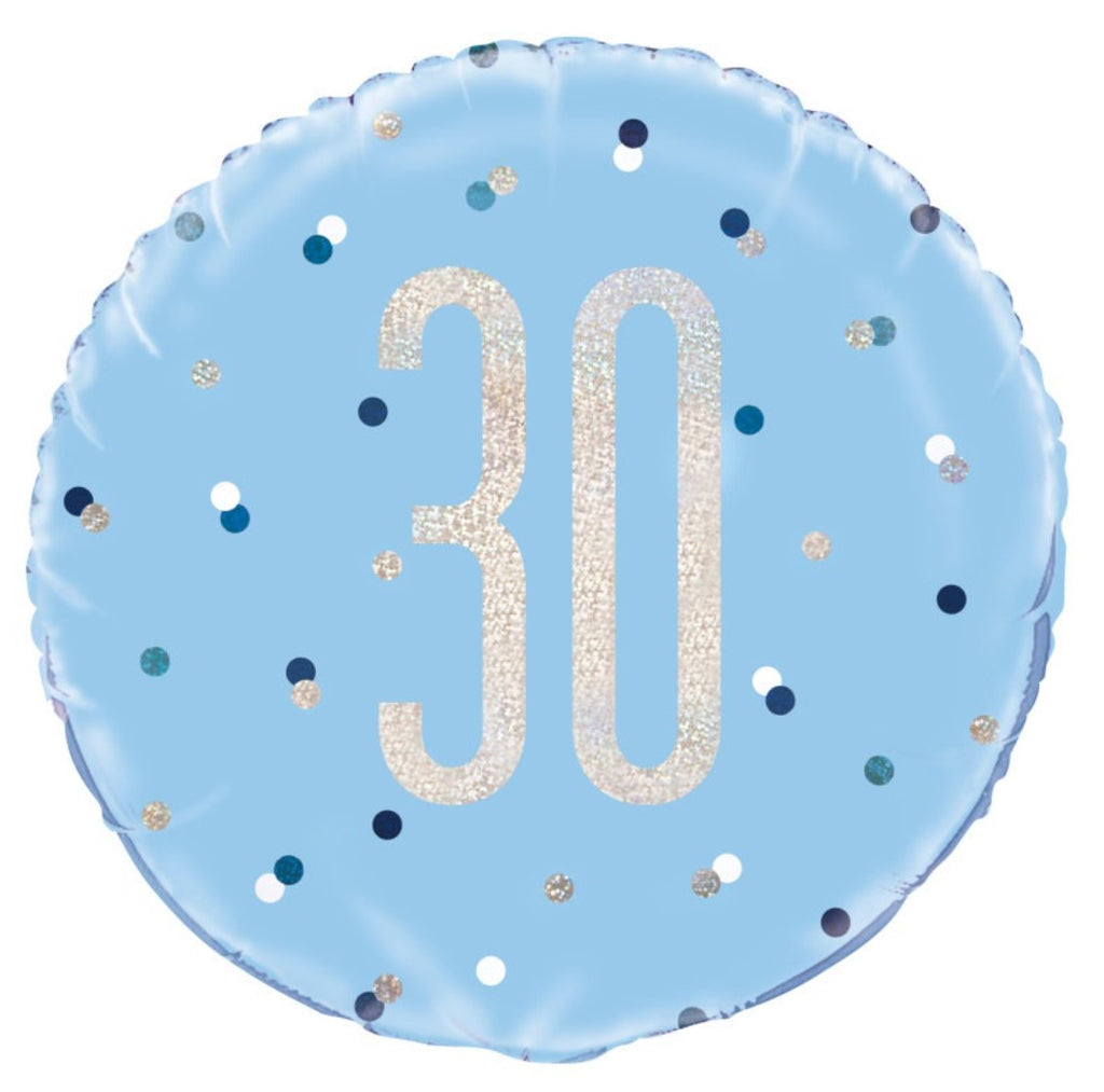 Blue 30th Birthday Glitz 18" Round Foil Balloon