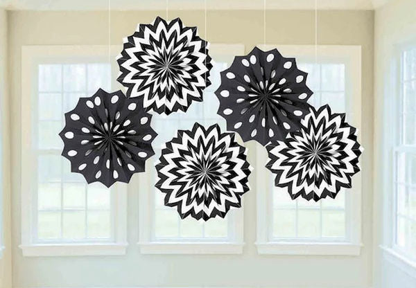 5 Black Hanging Paper Fan Decorations