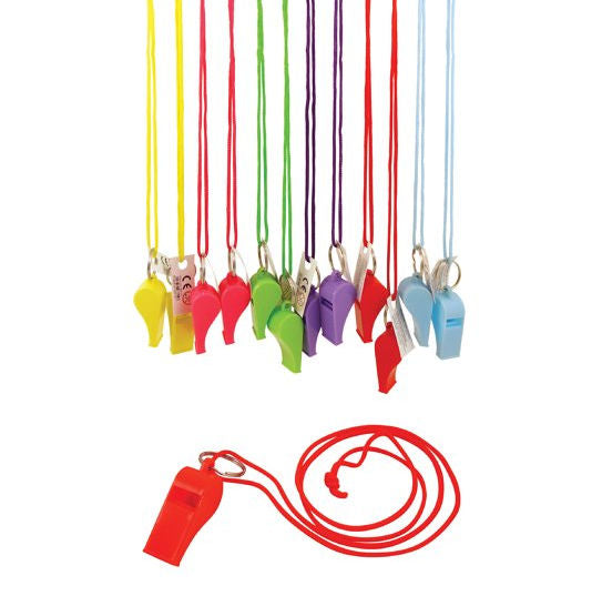 6 Neon Plastic Whistles & Cords