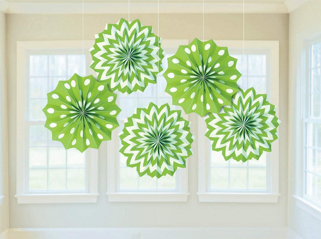 5 Lime Green Hanging Paper Fan Decorations