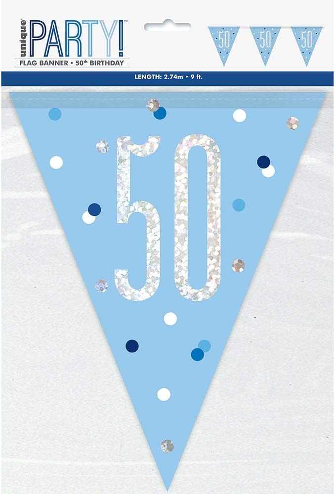 Blue 50th Birthday Glitz 9ft Flag Banner