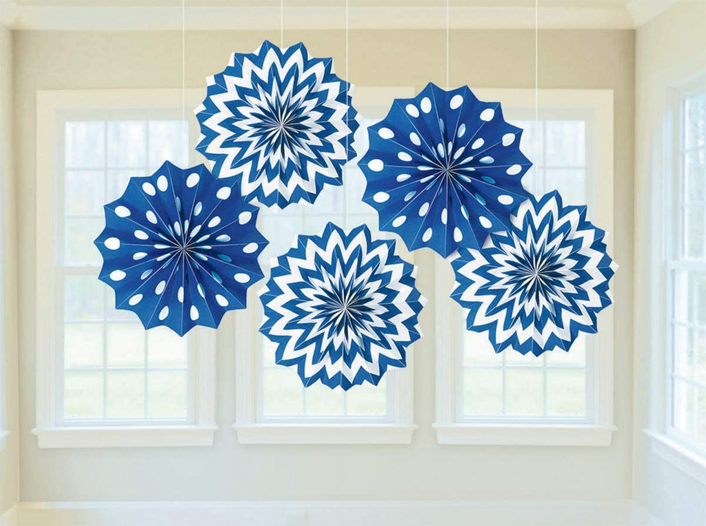 5 Royal Blue Hanging Paper Fan Decorations